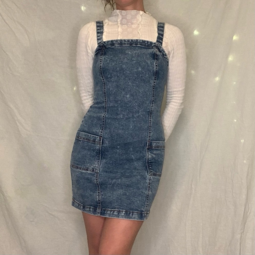 Aeropostale bodycon denim overall mini dress. Size small.